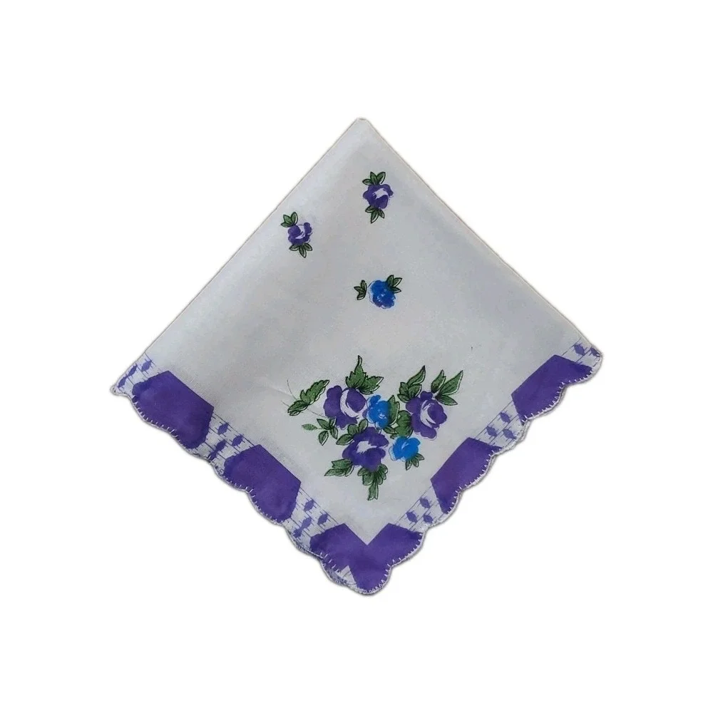 Linen Purple Rose Floral‎ Handkerchief Scalloped Cottage Core Bridesmaid Granny